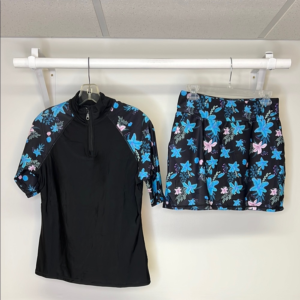 NWT Amazon Floral Rash Guard and Skirt Swim Set Modest Swimwear- M